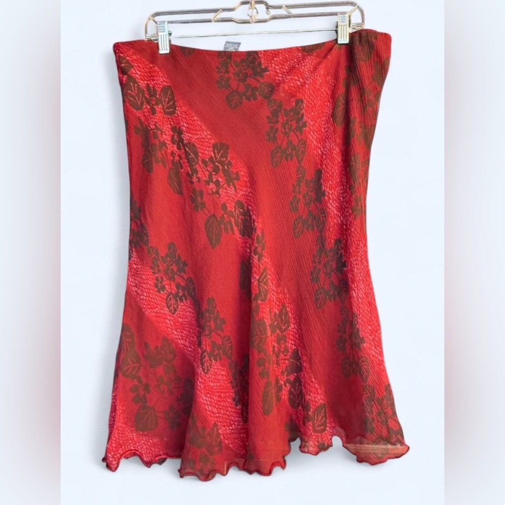 Hillard & Hanson Red Silk Floral Mini Skirt Y2K Ruffle Hem Women’s XL